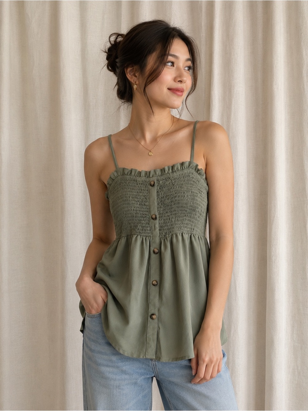 Smocked Button-Front Spaghetti Strap Tank Top - Olive